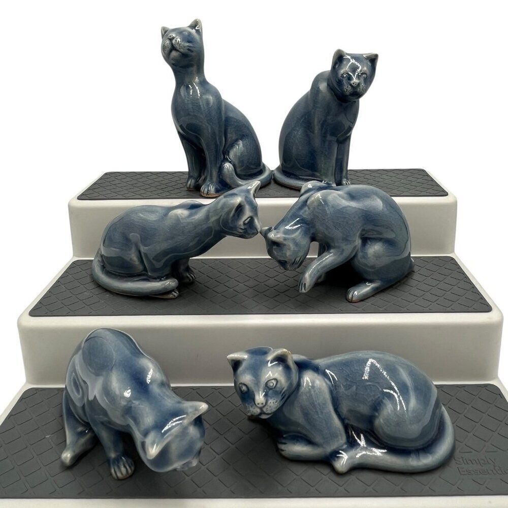Vintage Ceramic Cat Figurine Lot of 6 Thai Celadon Blue Glazed Crackle Clowder